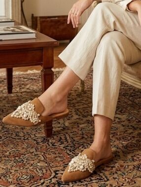 Elegant Brown Faux Suede Mules with Pearl Embellishments Sz 7.5